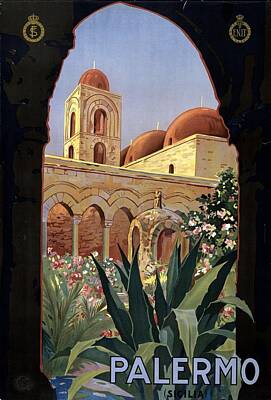 Mixed Media - Palermo, Sicily, Italy - Garden Courtyard with Arcade and Tower - Retro travel Poster by Studio Grafiikka
