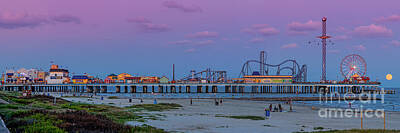 College Campus Collection - Panorama of Historic Pleasure Pier with Full Moon Rising in Galveston Island - Texas Gulf Coast by Silvio Ligutti