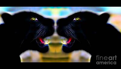 Mammals Mixed Media - Panther Reflection Duo by Wbk