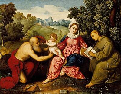 Cities Paintings - Paris Bordone - Madonna and Child with Saints Jerome and Francis by Paris Bordone