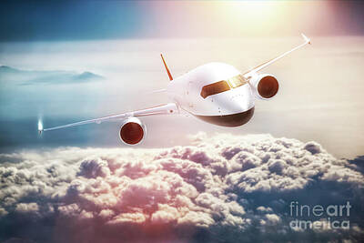 Christian Paintings Greg Olsen - Passenger airplane flying at sunset, blue sky. by Michal Bednarek