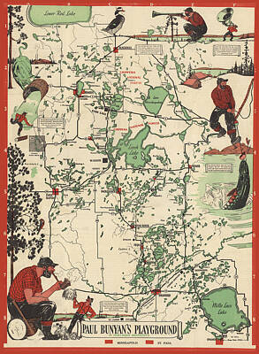 Golden Gate Bridge - Paul Bunyans Playground - Northern Minnesota - Vintage Illustrated Map - Cartography by Studio Grafiikka