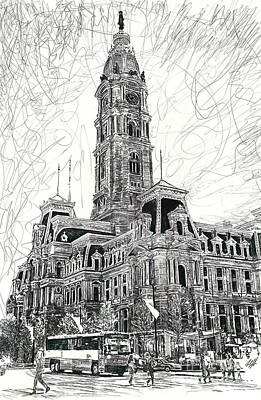 City Scenes Drawings - Philly City Hall by Michael Volpicelli