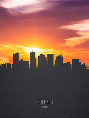 Skylines Paintings - Phoenix Arizona Sunset Skyline 01 by Aged Pixel