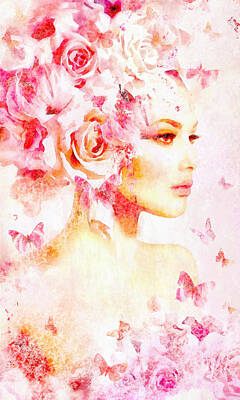 Floral Digital Art - Pink Floral Nymph in watercolor by Lilia S