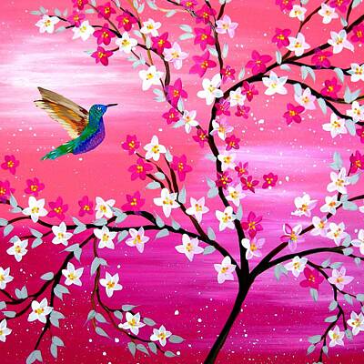 Nirvana - Pink Sakura and Hummingbird by Cathy Jacobs