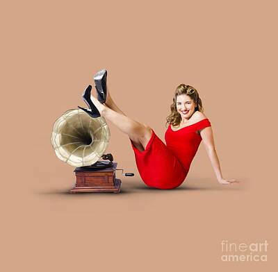Winter Animals - Pinup girl in red dress playing classical music by Jorgo Photography