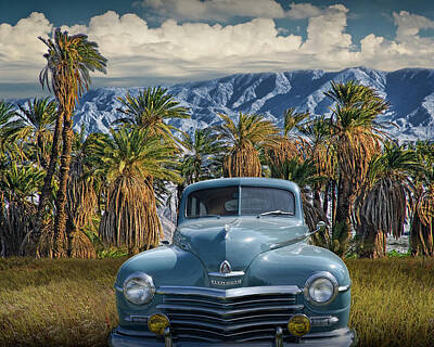 Transportation Photos - Plymouth Automobile with Palm Trees and Cloudy Blue Sky near Palm Springs by Randall Nyhof