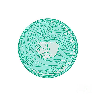 Nfl Team Signs - Polynesian Woman Sea Kelp Hair Circle Mono Line by Aloysius Patrimonio