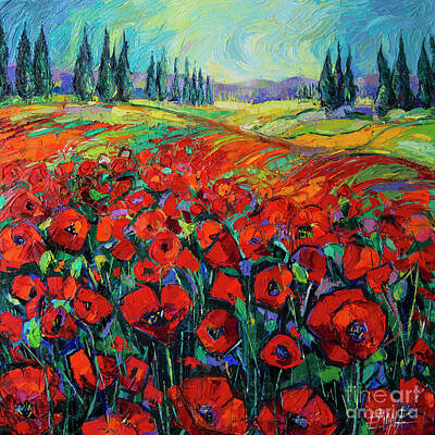 Impressionism Painting Royalty Free Images - POPPIES AND CYPRESSES - modern impressionist palette knives oil painting Royalty-Free Image by Mona Edulesco