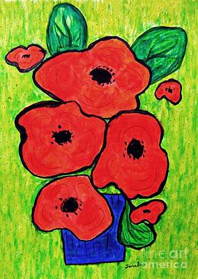Best Sellers - Still Life Drawings - Poppies in a Blue Vase by Sarah Loft