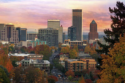 Laundry Room Signs - Portland Downtown Cityscape During Sunrise in Fall by David Gn
