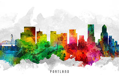 Skylines Paintings - Portland Oregon Cityscape 12 by Aged Pixel