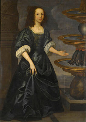  Painting - Portrait Of A Lady By A Fountain Full Length Wearing A Dark Green Dress by Attributed to Edward Bower