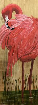Animals Paintings - Preening Flamingo by Debbie LaFrance