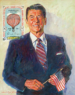 Politicians Paintings - President Reagan Balloon Stamp by David Lloyd Glover