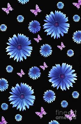Back To School For Guys - Pretty Blue Flowers On Black by Rachel Hannah