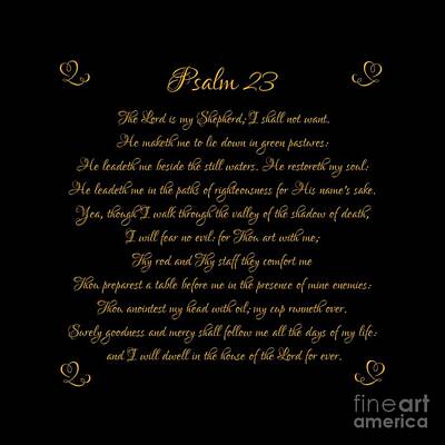 Best Sellers - Roses Digital Art - Psalm 23 The Lord is my Shepherd Gold Script on Black by Rose Santuci-Sofranko