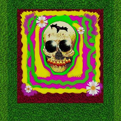 Surrealism Mixed Media Royalty Free Images - Psycadelic Groovy Sugar Skull Smiling With Gold Teeth With Flowers And A Bat Royalty-Free Image by Pepita Selles