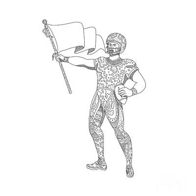 Athletes Digital Art - Quarterback Holding Flag Doodle by Aloysius Patrimonio