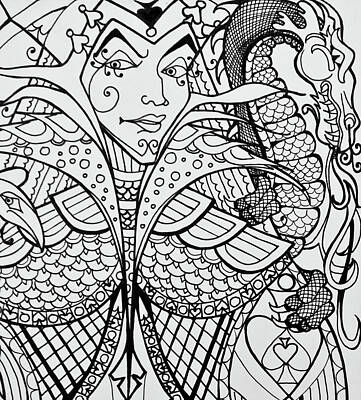 Fantasy Drawings - Queen Of Spades Close Up With Dragon by Jani Freimann