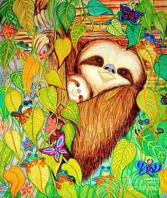Animals Drawings Rights Managed Images - Rain Forest Survival Mother and Baby Three Toed Sloth Royalty-Free Image by Nick Gustafson