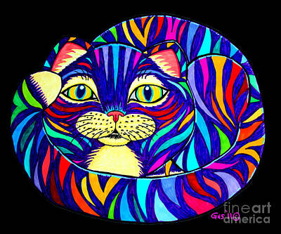 Mammals Drawings - Rainbow Striped Cat 2 by Nick Gustafson