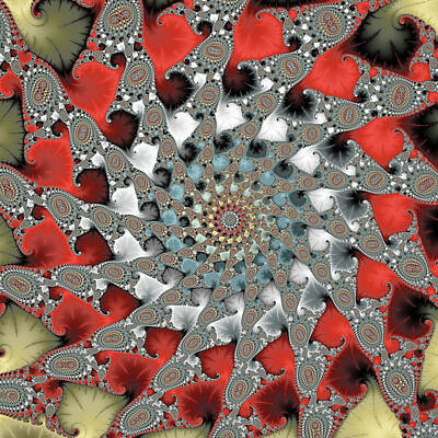 Global Design Shibori Inspired - Red gray and light blue fractal spirals by Matthias Hauser