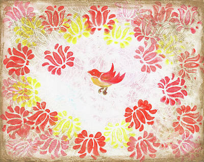 Abstract Landscape Rights Managed Images - Red Robin Bird Decorative Artwork Royalty-Free Image by Irina Sztukowski
