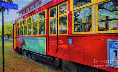 Kids All Rights Managed Images - Red Streetcar Speeds By NOLA- Art Royalty-Free Image by Kathleen K Parker