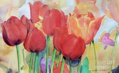 Studio Grafika Typography Royalty Free Images - Watercolor of Blooming Red and Orange Tulips in Spring Royalty-Free Image by Greta Corens
