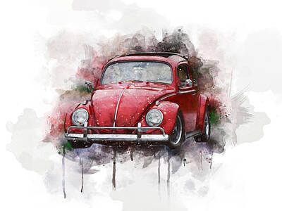 Transportation Digital Art - Red VW Beetle Watercolor by Aged Pixel