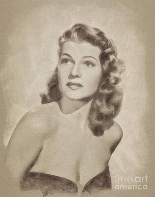 Musicians Drawings Royalty Free Images - Rita Hayworth, Vintage Actress by John Springfield Royalty-Free Image by Esoterica Art Agency