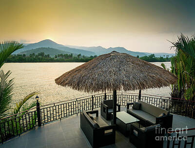 Eric Fan Whimsical Illustrations - Riverside Sunset View In Kampot Cambodia Asia With Deck Sofas by JM Travel Photography