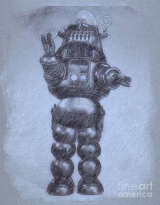 Musicians Drawings Royalty Free Images - Robbie the Robot from Forbidden Planet by John Springfield Royalty-Free Image by Esoterica Art Agency