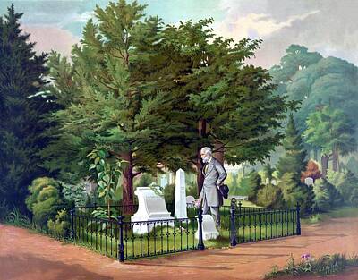 Landmarks Painting Royalty Free Images - Robert E. Lee Visits Stonewall Jacksons Grave Royalty-Free Image by War Is Hell Store