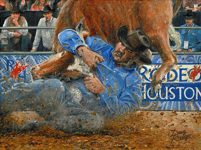 Sports Paintings - Rodeo Houston --Steer Wrestling by Doug Kreuger