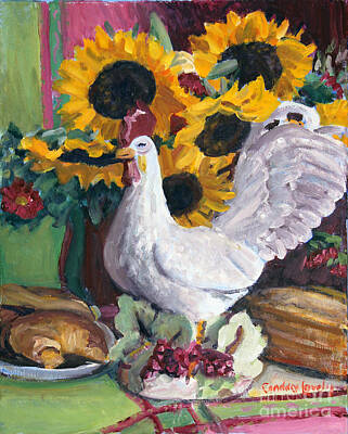 Sunflowers Paintings - Rooster with Sunflowers by Candace Lovely