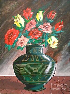 Roses Paintings - Roses and Blue Vase by John Lyes