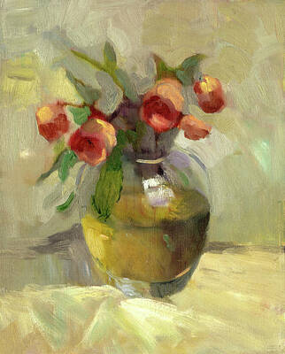 Roses Paintings - Roses in Vase by Sally Rosenbaum