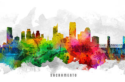 Skylines Paintings - Sacramento California Cityscape 12 by Aged Pixel