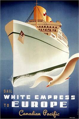 Birds Mixed Media Royalty Free Images - Sail White Empress to Europe - Canadian Pacific - Retro travel Poster - Vintage Poster Royalty-Free Image by Studio Grafiikka