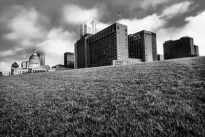 Skylines Royalty Free Images - Saint Louis City Skyline Architecture And Clouds - Monochrome Royalty-Free Image by Gregory Ballos