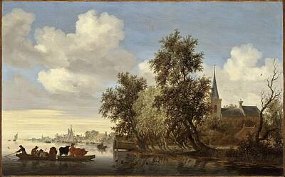 Mountain Paintings - Salomon Jacobsz van Ruysdael   River Landscape with a Ferry by Salomon Jacobsz van Ruysdael