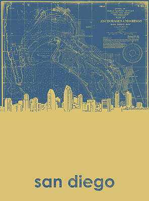 Abstract Skyline Digital Art - San Diego Skyline Map 2 by Bekim M