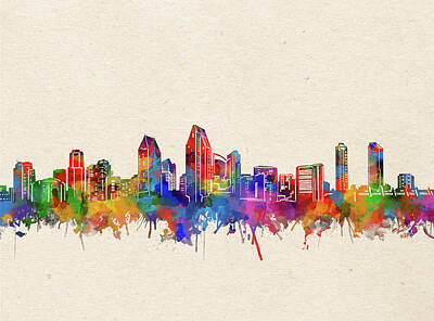 Recently Sold - Abstract Skyline Digital Art - San Diego Skyline Watercolor 2 by Bekim M