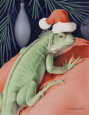 Animals Drawings Rights Managed Images - Santa Claws - Bob the Lizard Royalty-Free Image by Amy S Turner