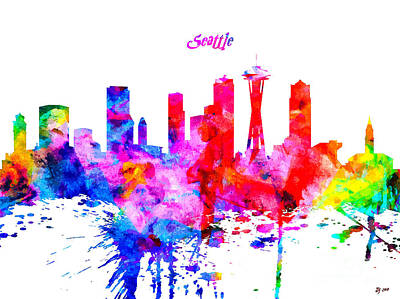 Abstract Skyline Mixed Media - Seattle Colorful Skyline by Daniel Janda