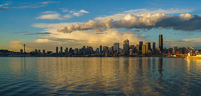 Skylines Rights Managed Images - Seattle Skyline Dusk Dramatic Clouds Reflection Royalty-Free Image by Mike Reid