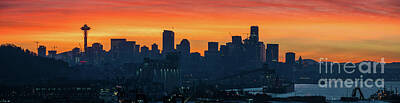 College Football Stadiums Royalty Free Images - Seattle Skyline Skies On Fire Royalty-Free Image by Mike Reid